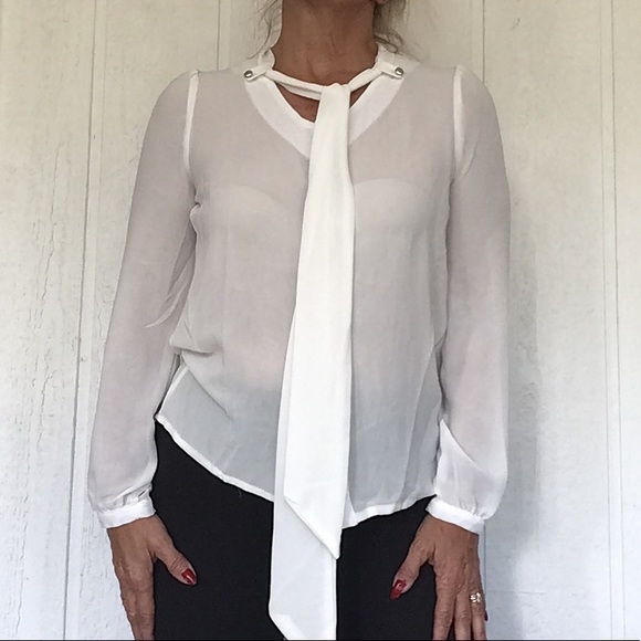 159 MA VINTAGE WHITE TIE NECK BLOUSE SMALL - Picture 1 of 10